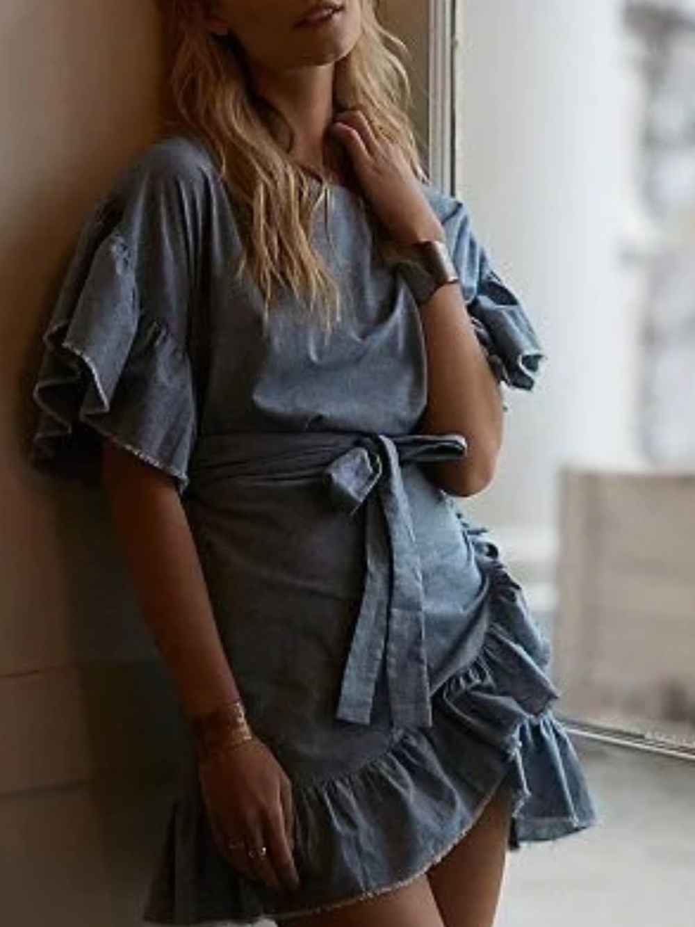 Free People Lelicia Chambray Ruffle Wrap Dress